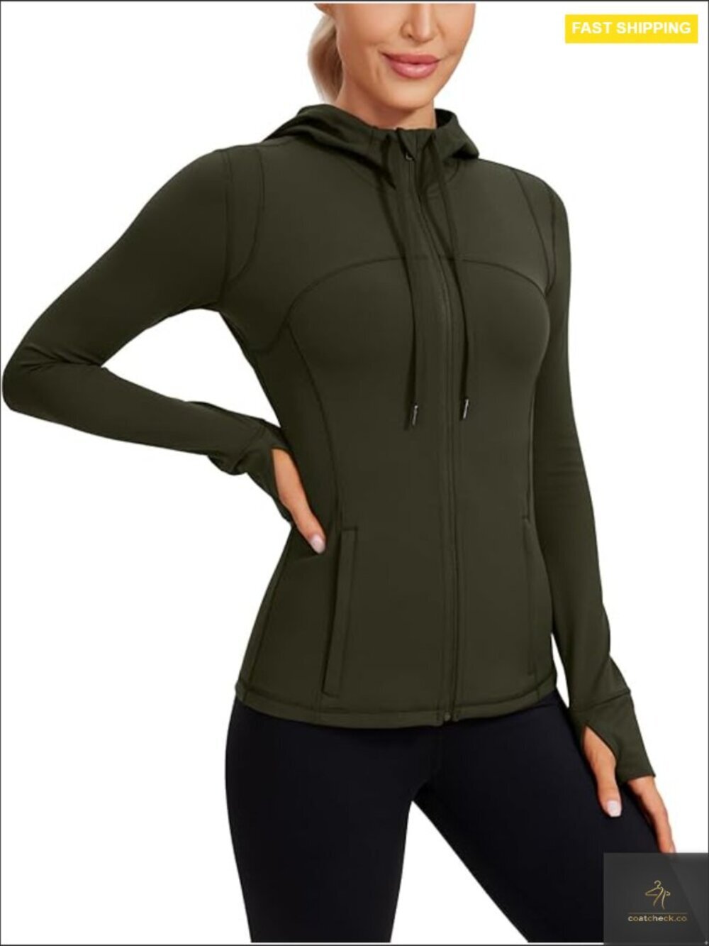 Slim Fit Hooded Athletic Jacket Thumb Holes Pockets Lightweight Stretch